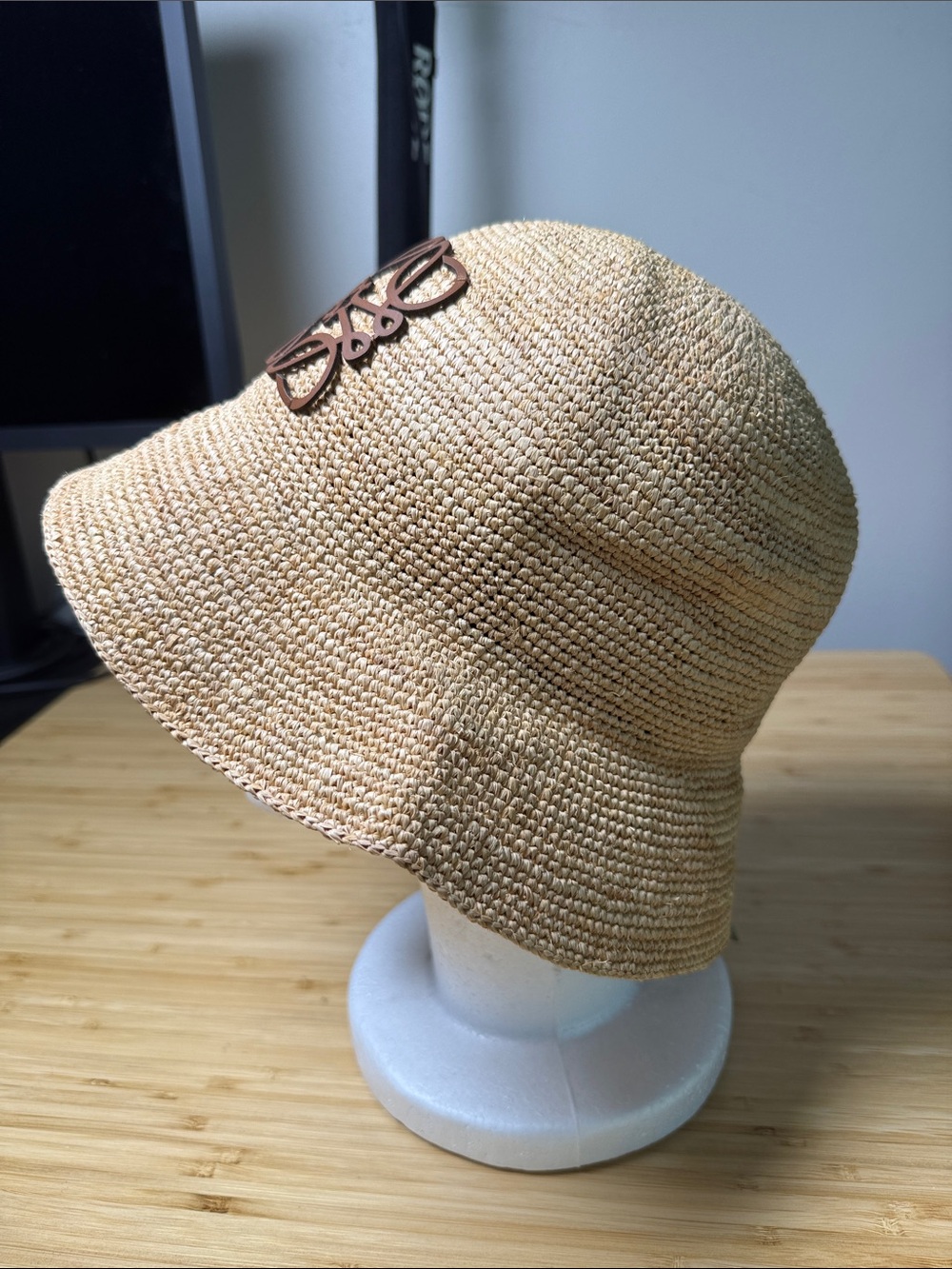 Woven Straw Sun Hat with Decorative Emblem - Tan - Picture 2 of 6